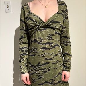 Topshop Green and Black Camo Twist-Front Long Sleeve Dress